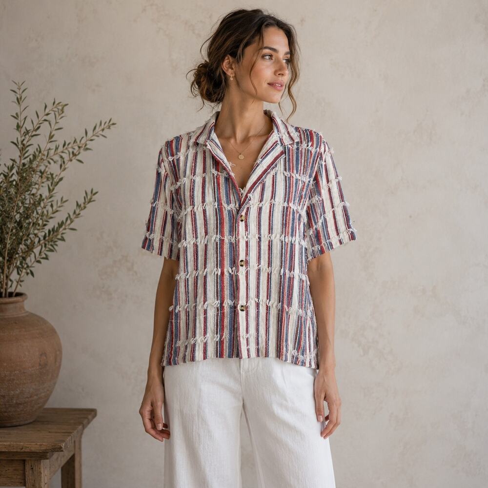 Reclaimed Vintage Tan Red Blue Fringe Stripe Button Top Small
